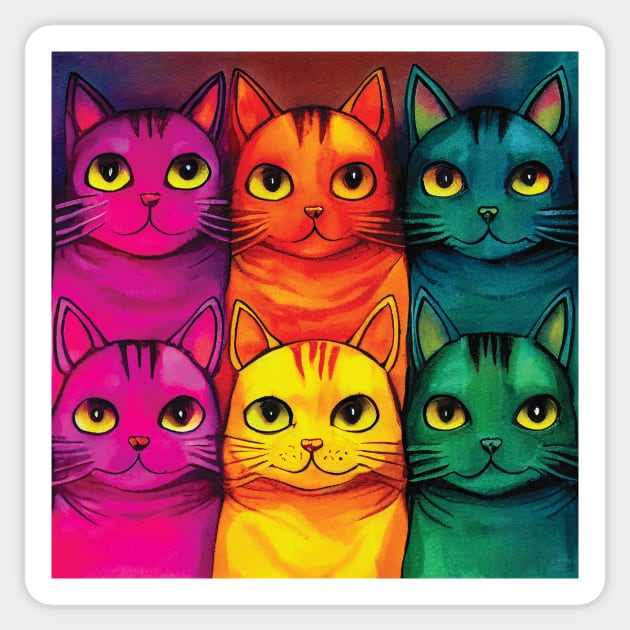 Multicoloured Cats Print in Bold Pink, Orange, Yellow, Green and Blue Sticker by Geminiartstudio